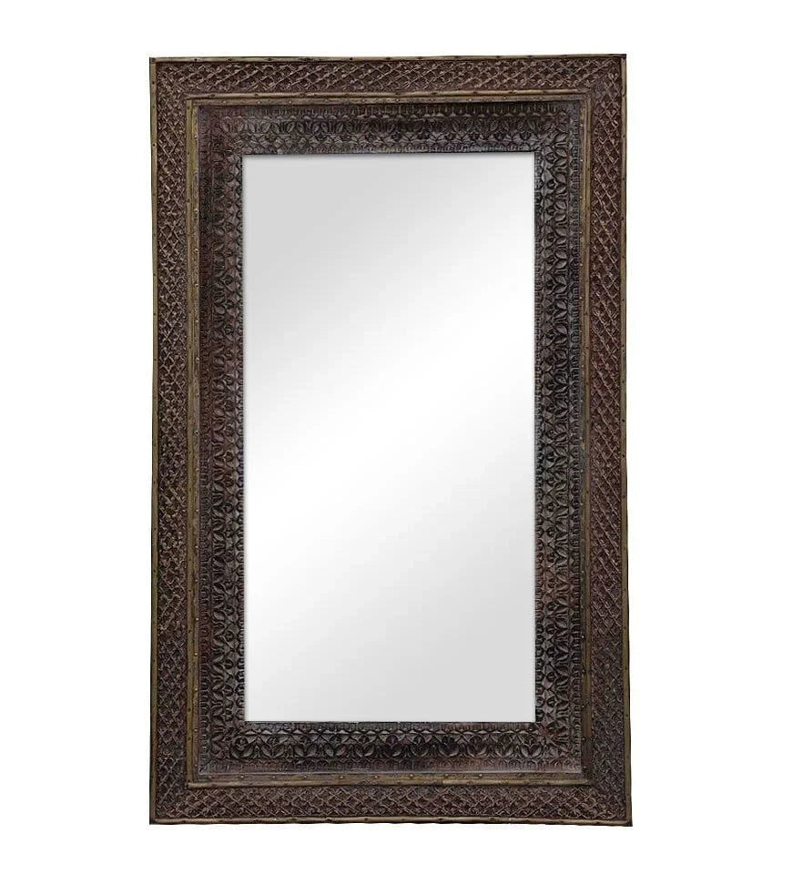 mango wood mirror, carved mirror, maharaja mirror, antique mirror, dark mirror, wall mirror, statement mirror, regal mirror, royal mirror, palace mirror, traditional mirror, handmade mirror, artisan mirror, premium mirror, quality mirror, durable mirror, elegant mirror, unique mirror, decorative mirror, focal piece mirror, handcrafted in india, sustainable mango wood, dark antique finish, bronze undertones, hand carved frame, maharaja style, layered borders, concentric borders, lattice pattern, diamond latt