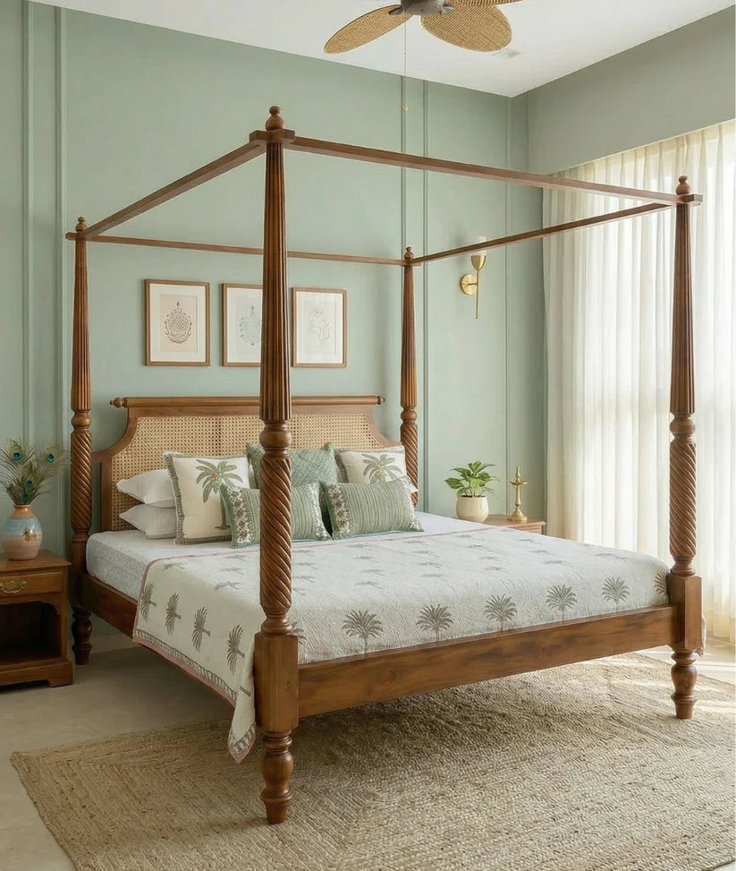 Neil Poster Bed - Acacia Wood Rattan Teak King Size