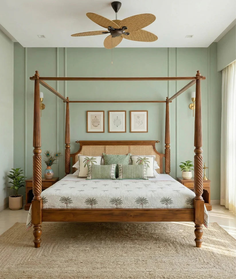 Neil Poster Bed - Acacia Wood Rattan Teak King Size