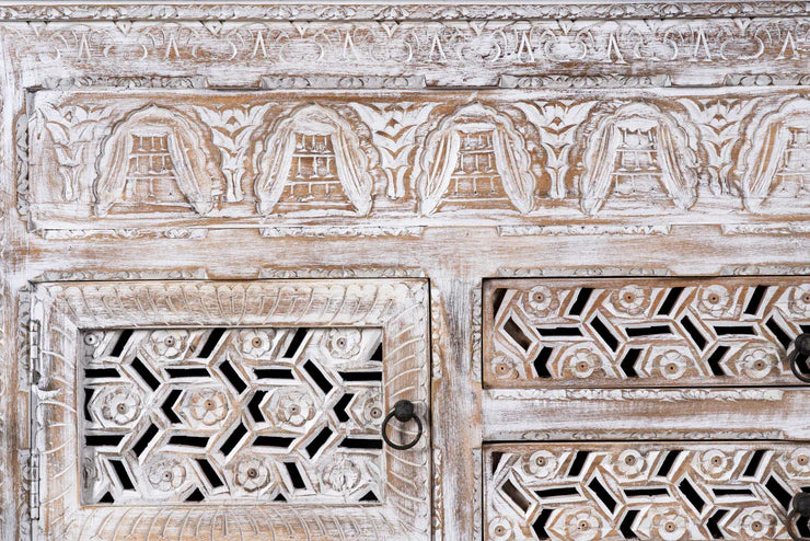 hand carved sideboard, solid mango wood sideboard, white distressed sideboard, jharokha sideboard, carved wood buffet, 6 drawer sideboard, 2 door sideboard, 