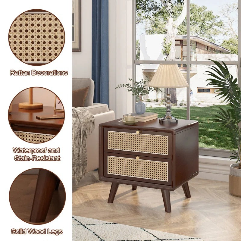 Walnut & Rattan 2-Drawer Nightstand | Mid-Century Modern Bedside Table | Cane Front Storage | RIVO HOMES