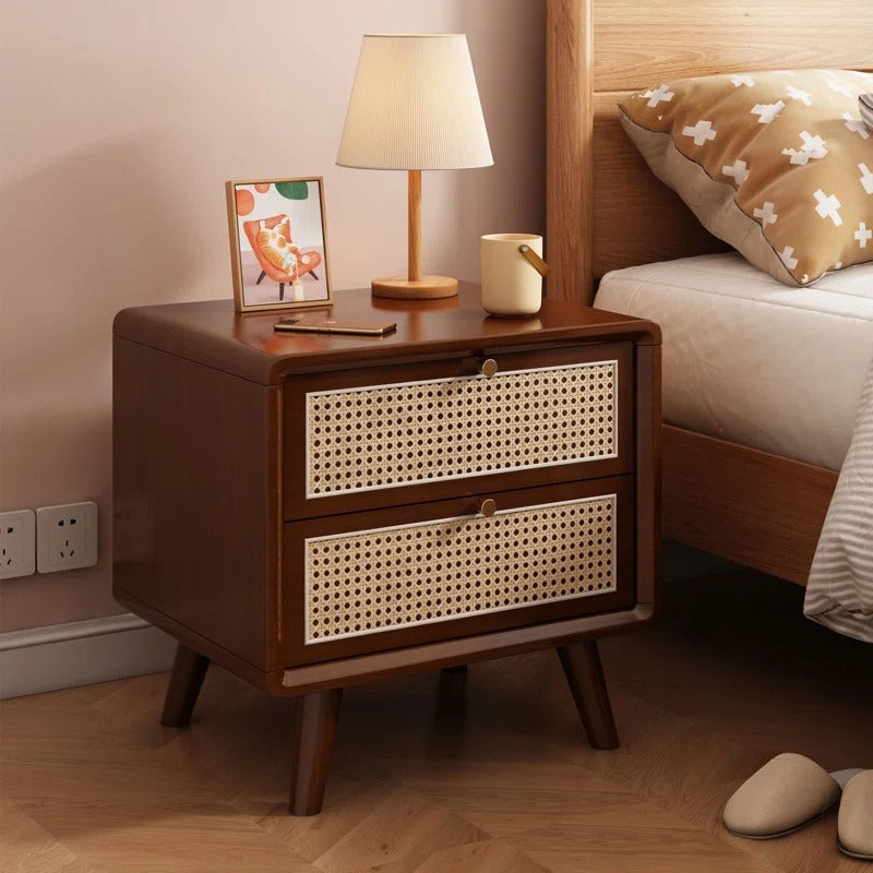 Walnut & Rattan 2-Drawer Nightstand | Mid-Century Modern Bedside Table | Cane Front Storage | RIVO HOMES
