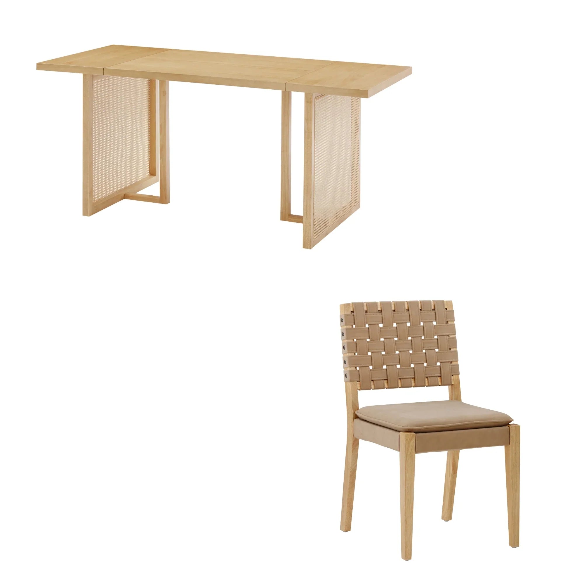 SableRattan Luxe Solid Wood Dining Set with Leather Chairs – Natural Finish, 4/6/8 Seater by RIVO HOMES