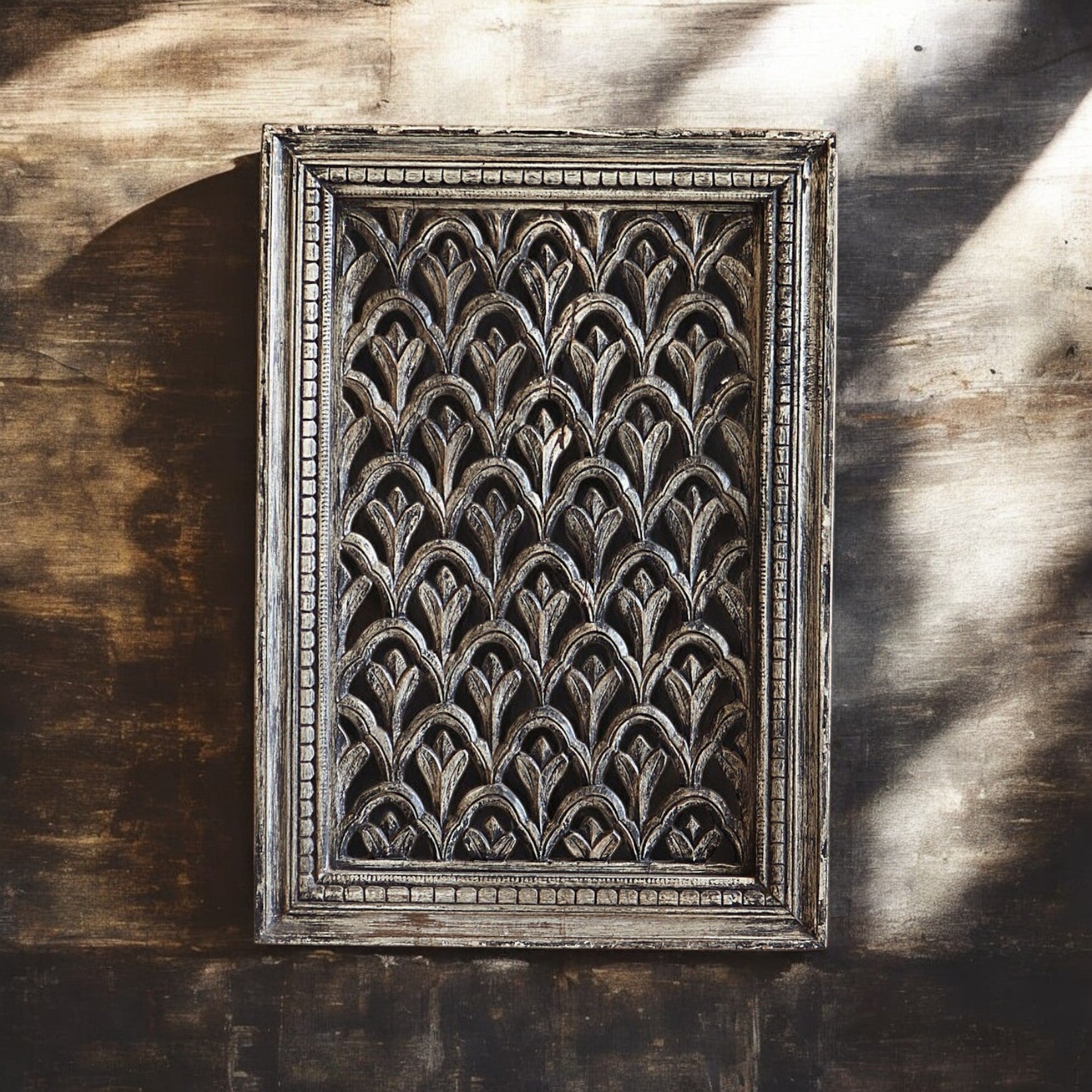 Handcrafted wooden carved panel – vintage wall decor with intricate antique carvings

