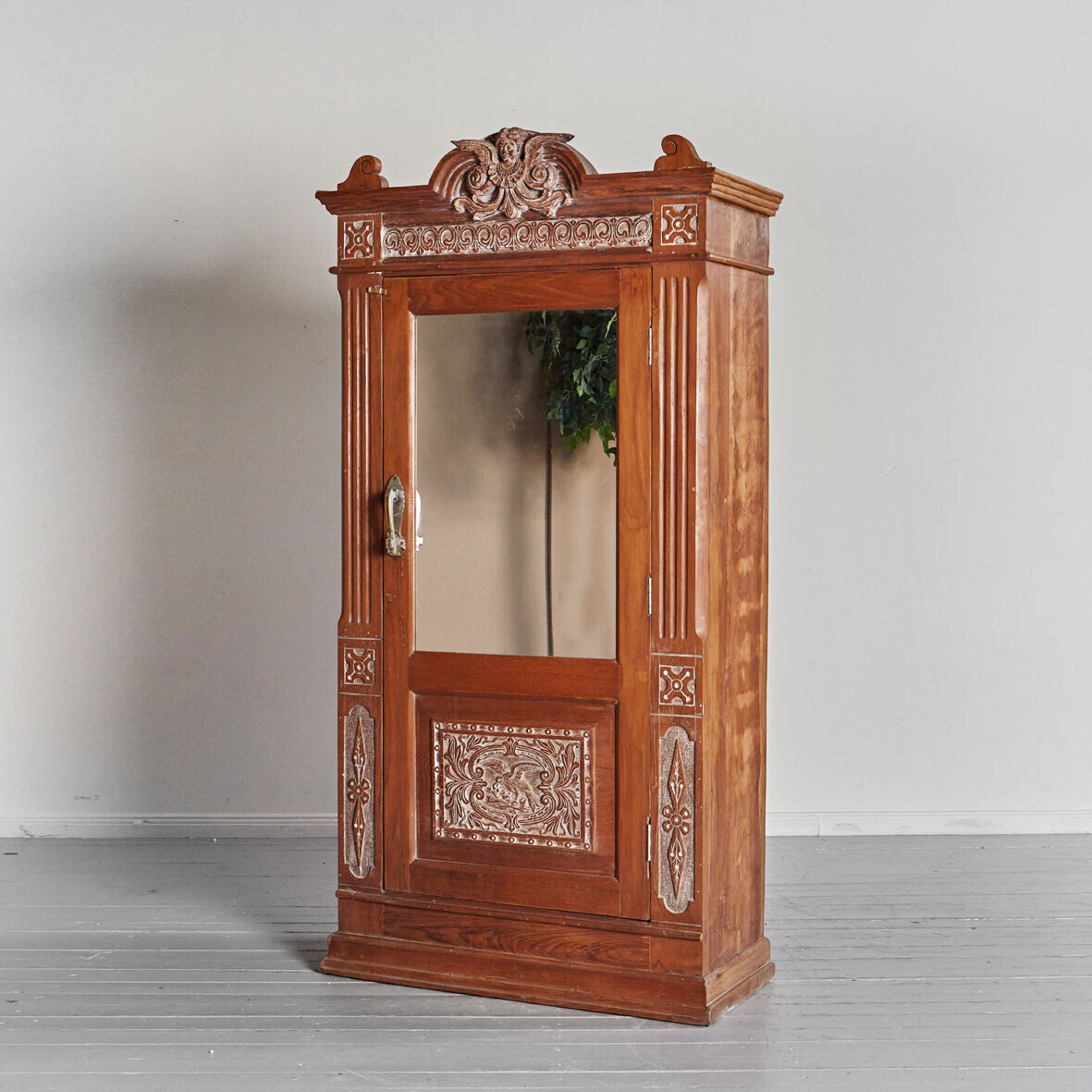Hand-Carved Mango Wood Cabinet with Mirror - Handcrafted 188cm Solid Wood Wardrobe