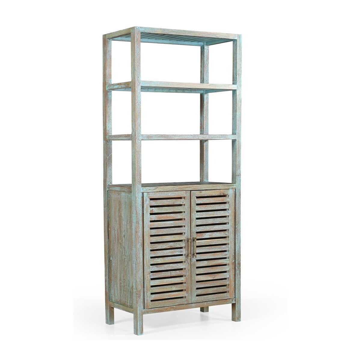 Wooden bookshelf with glass panels on a white background