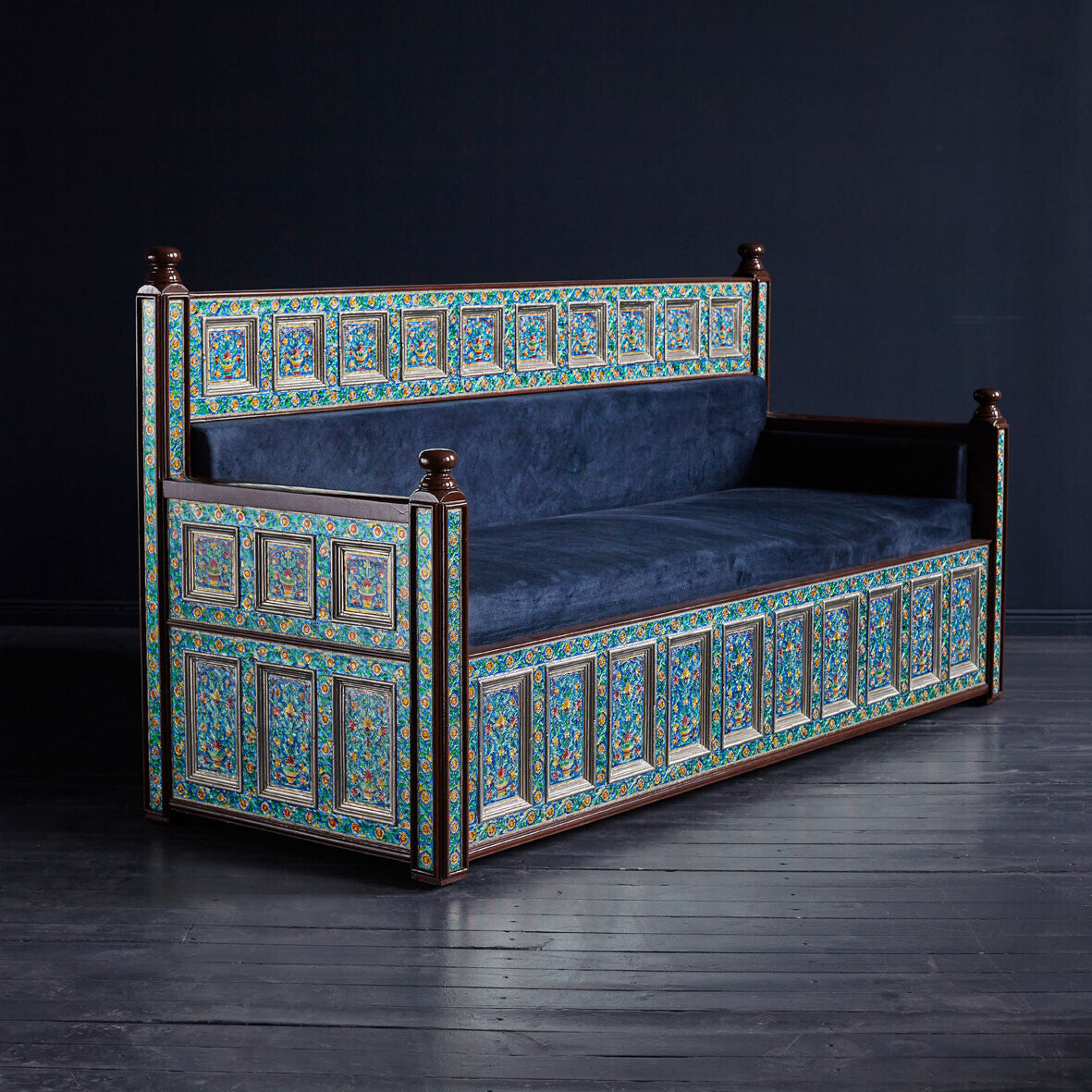Marrakesh Blue Embossed 3-Seater Sofa - Handcrafted Mango Wood & Metal Clad Luxury Settee