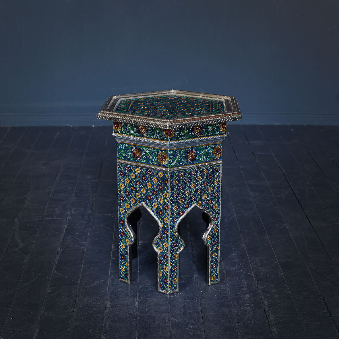 Marrakesh Blue Hexagonal End Table - Hand-Embossed Mango Wood Accent Side Table