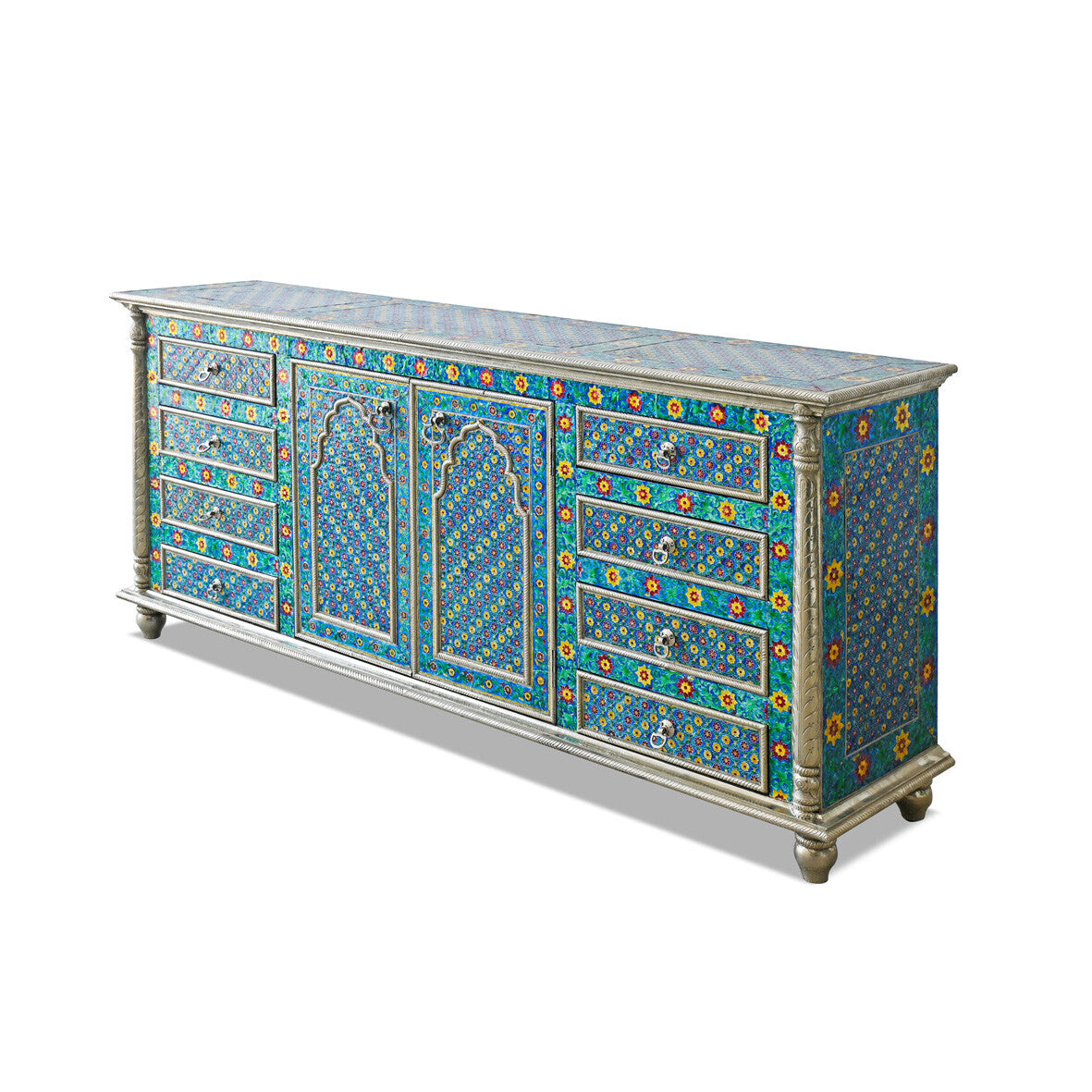 Living Furn India handcrafted large chest of drawers in Marrakesh blue, featuring hand-embossed floral patterns, arched cabinet doors, and a walnut finish mango wood frame, 200x45x91 cm.