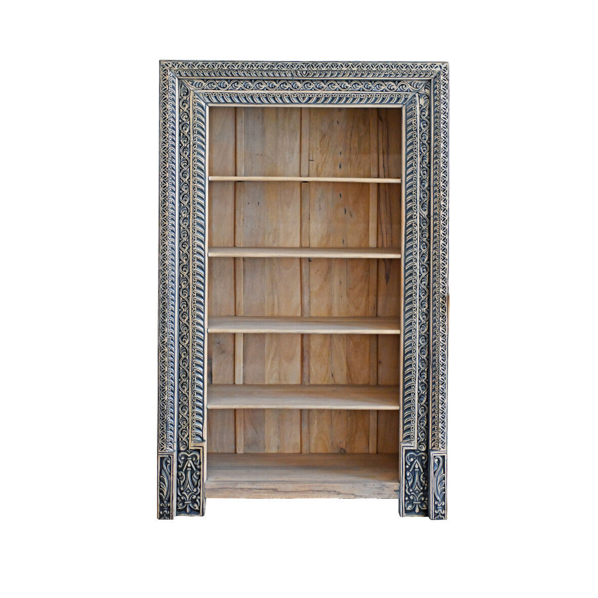 Royal Hand-Carved Mango Wood Bookcase - 190cm Distressed Blue Solid Wood Bookshelf
