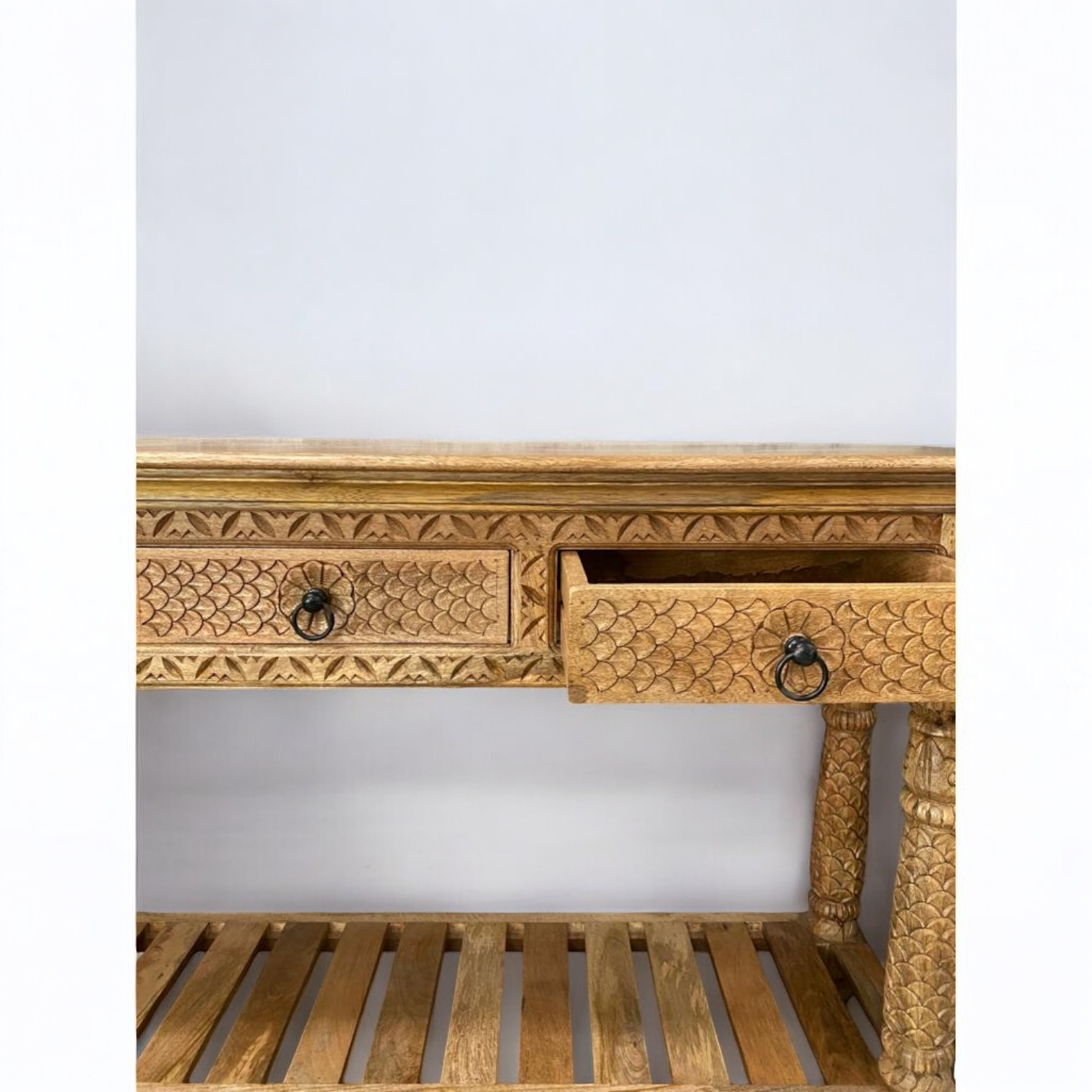 Entrance console table with decorative vases.
