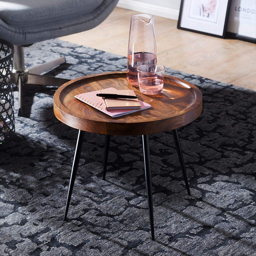 Tim Sheesham Wood End Table 100% Solid Natural Honey Walnut Finish 46x46x40cm Minimal Design