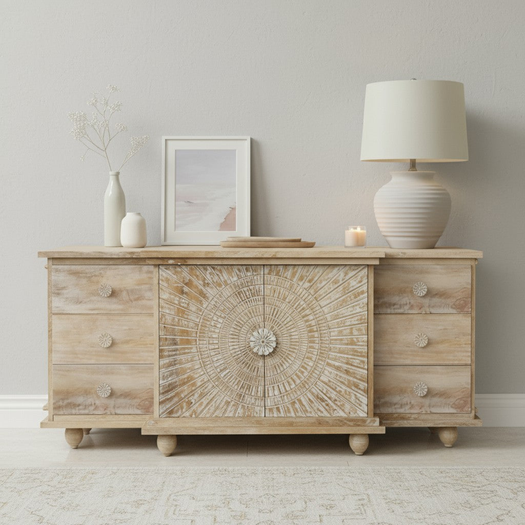 mango wood sideboard, white sideboard, carved sideboard, sunburst sideboard, farmhouse sideboard, storage cabinet, hand carved furniture, solid wood sideboard, buffet cabinet, accent cabinet, living room storage, hallway cabinet, bedroom storage, statement sideboard, handmade sideboard, artisan made cabinet, premium wood furniture, quality furniture, durable cabinet, sturdy sideboard, timeless furniture, elegant sideboard, unique cabinet, sculptural sideboard, focal piece cabinet, handcrafted in india, sust