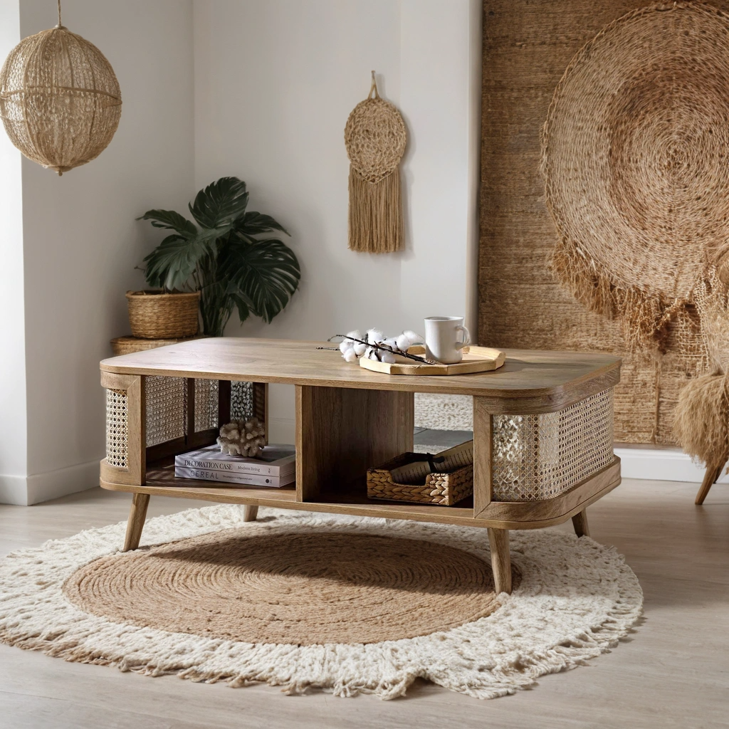 Curved Rattan & Solid Wood Coffee Table | Natural Finish | Storage Drawer | Mid-Century Modern Living Room Furniture | RIVO HOMES
