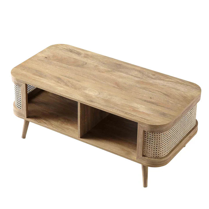 Curved Rattan & Solid Wood Coffee Table | Natural Finish | Storage Drawer | Mid-Century Modern Living Room Furniture | RIVO HOMES
