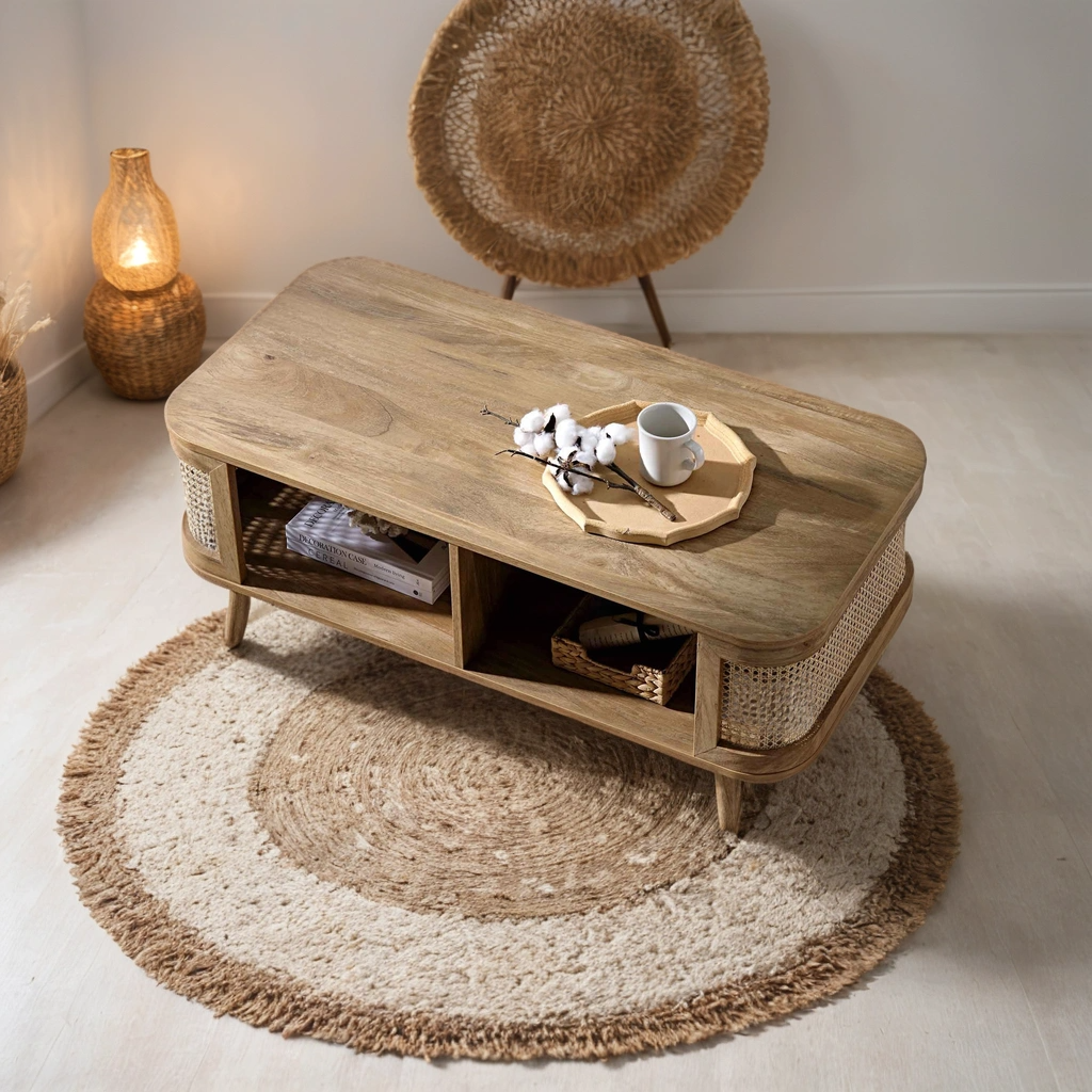 Curved Rattan & Solid Wood Coffee Table | Natural Finish | Storage Drawer | Mid-Century Modern Living Room Furniture | RIVO HOMES
