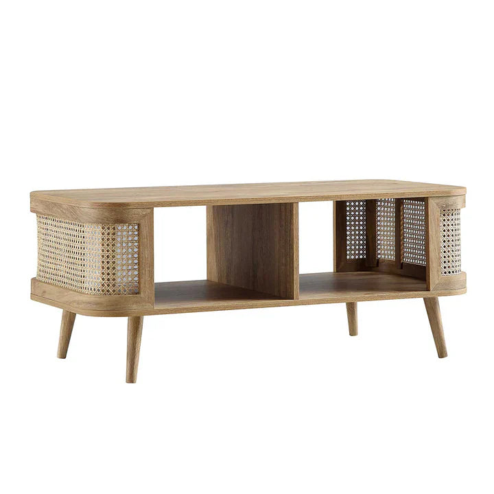 Curved Rattan & Solid Wood Coffee Table | Natural Finish | Storage Drawer | Mid-Century Modern Living Room Furniture | RIVO HOMES