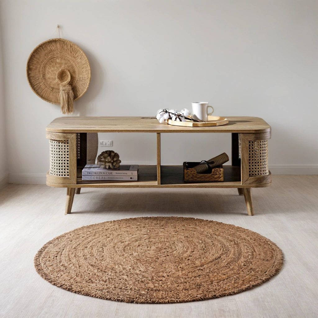 Curved Rattan & Solid Wood Coffee Table | Natural Finish | Storage Drawer | Mid-Century Modern Living Room Furniture | RIVO HOMES