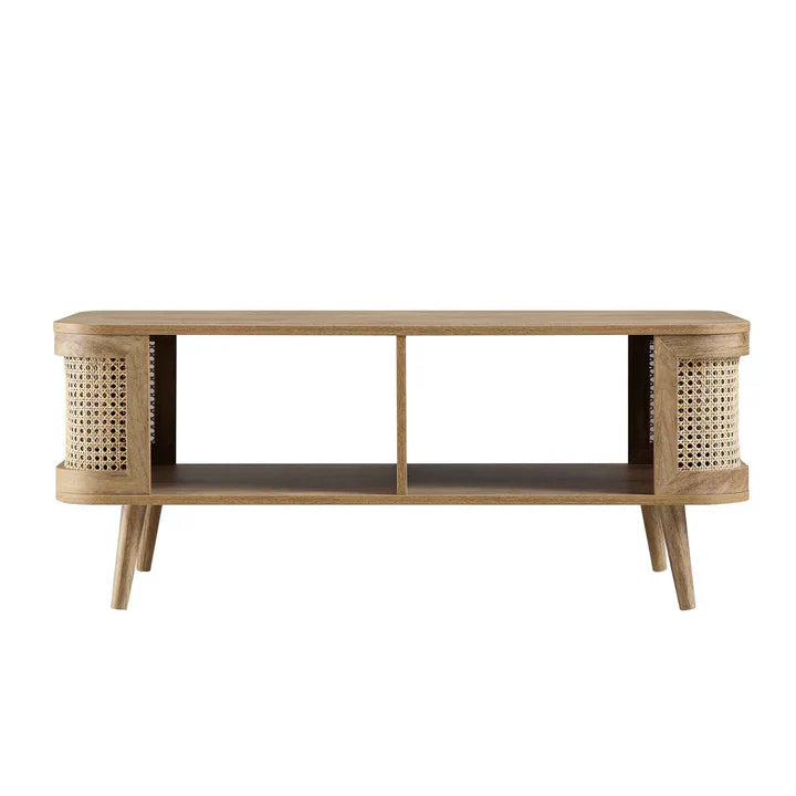 Curved Rattan & Solid Wood Coffee Table | Natural Finish | Storage Drawer | Mid-Century Modern Living Room Furniture | RIVO HOMES