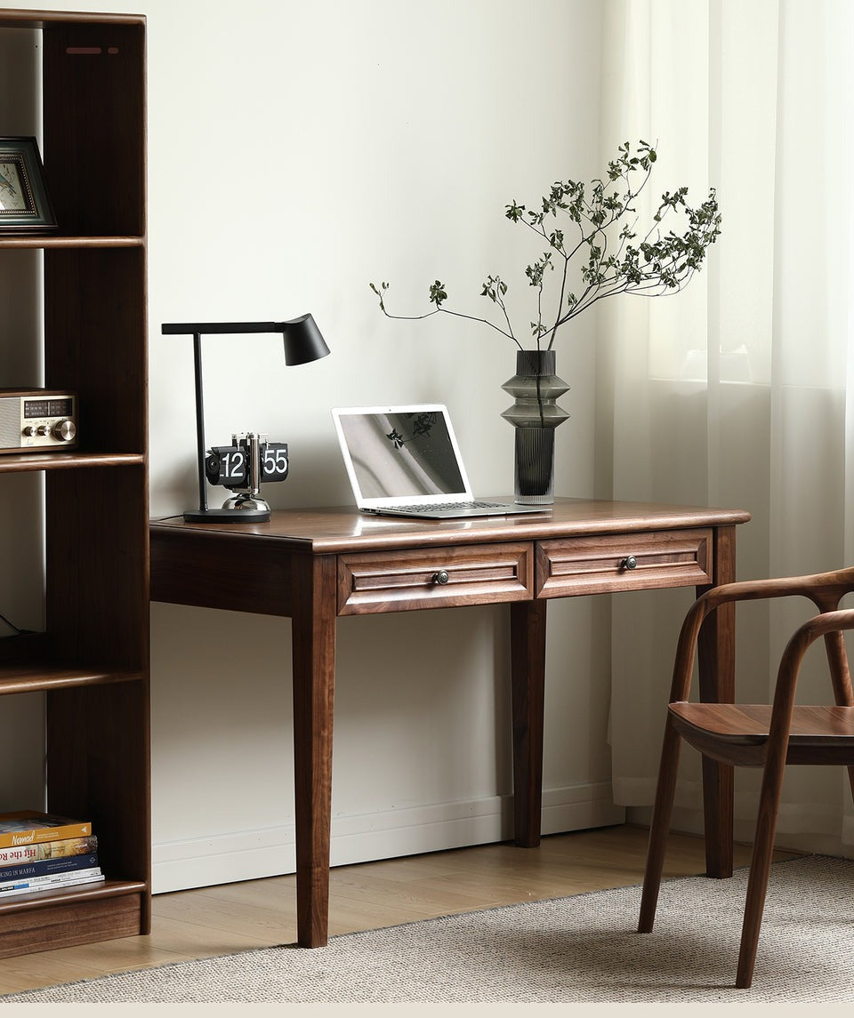 Acacia Wood 2-Drawer Writing Desk | Modern Console Table | Solid Wood Home Office Desk | Dark Finish | RIVO HOMES