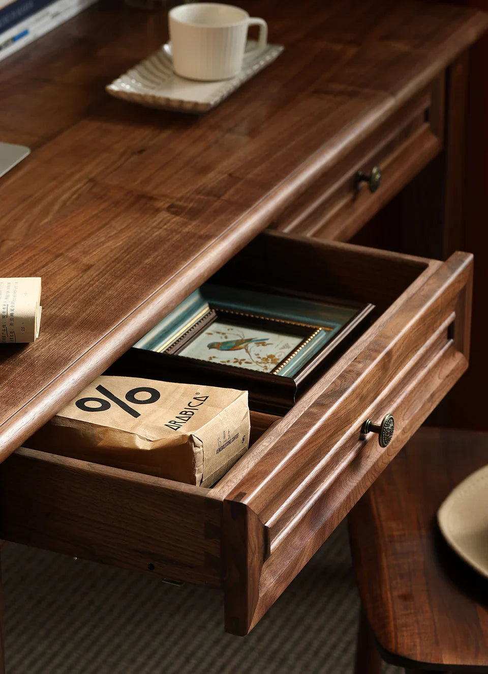 Acacia Wood 2-Drawer Writing Desk | Modern Console Table | Solid Wood Home Office Desk | Dark Finish | RIVO HOMES