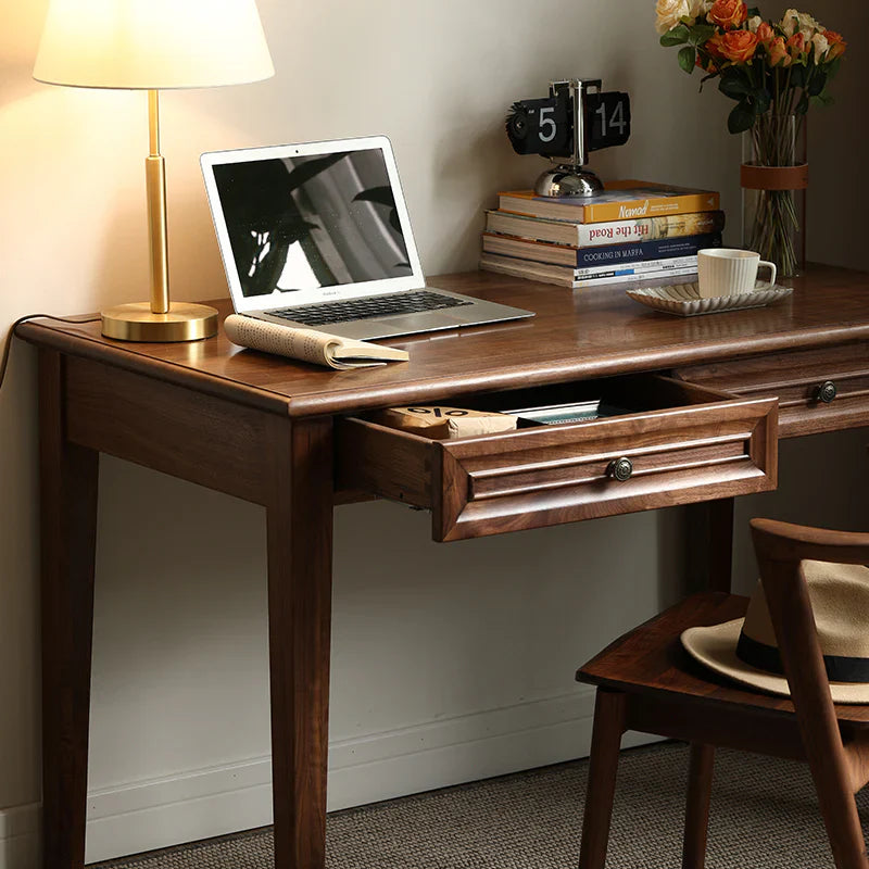 Acacia Wood 2-Drawer Writing Desk | Modern Console Table | Solid Wood Home Office Desk | Dark Finish | RIVO HOMES