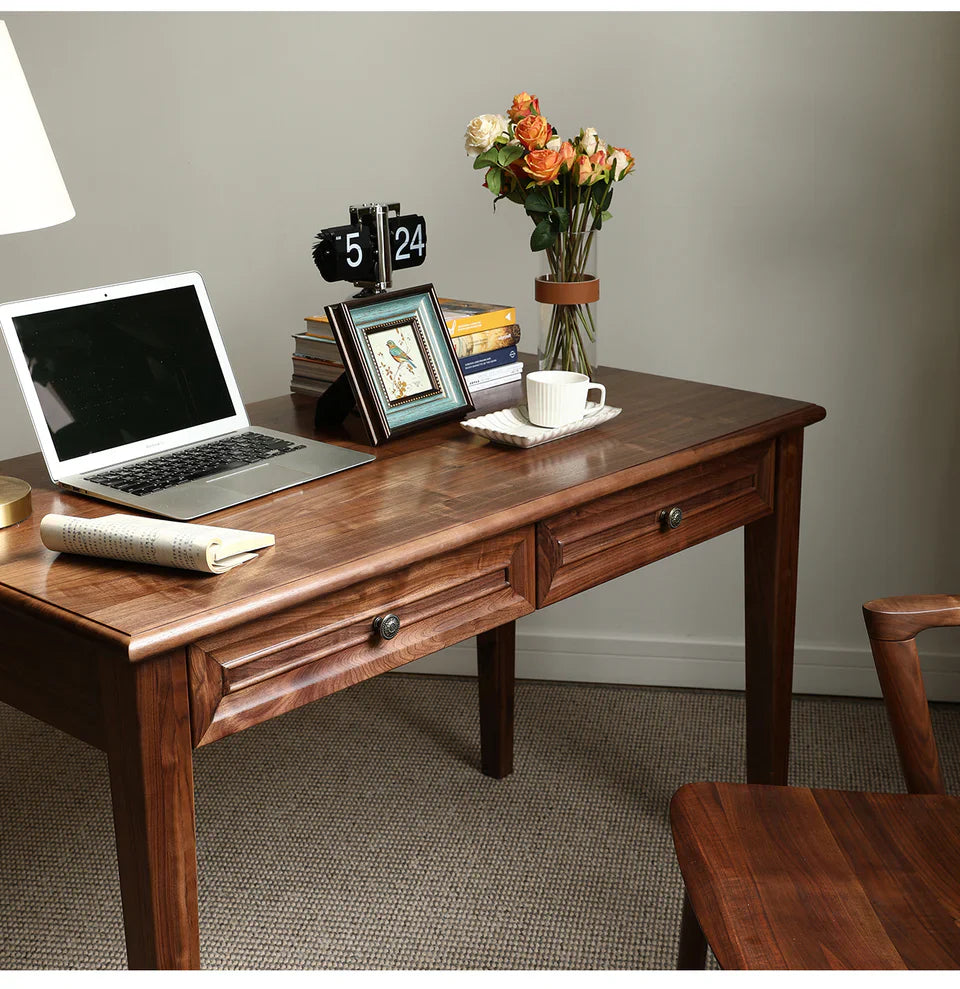 Acacia Wood 2-Drawer Writing Desk | Modern Console Table | Solid Wood Home Office Desk | Dark Finish | RIVO HOMES