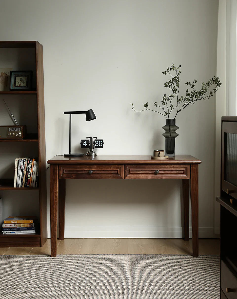 Acacia Wood 2-Drawer Writing Desk | Modern Console Table | Solid Wood Home Office Desk | Dark Finish | RIVO HOMES