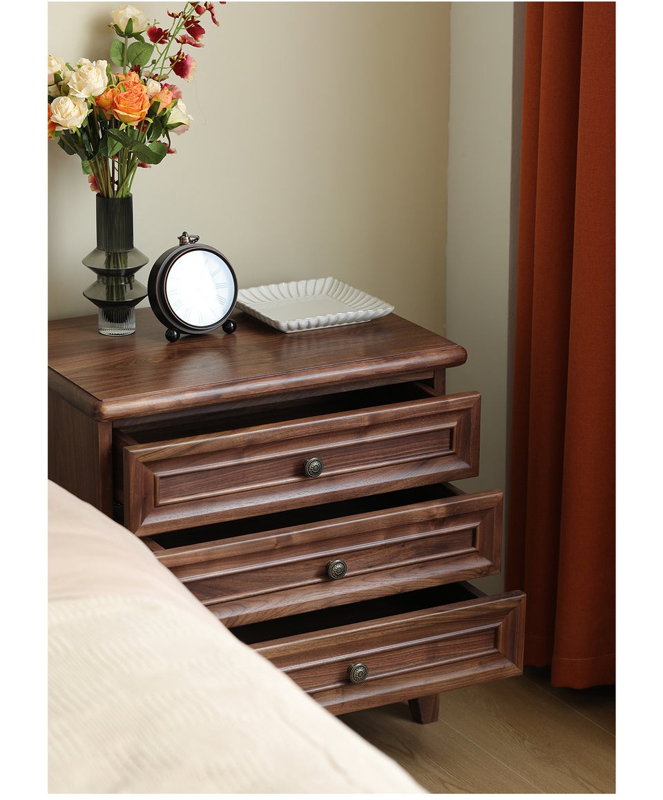 Classic Acacia Wood 3-Drawer Nightstand | Solid Wood Bedside Table | Dark Finish Bedroom Furniture | RIVO HOMES