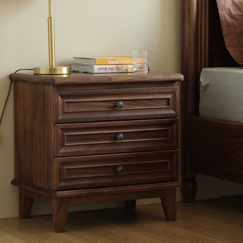 Classic Acacia Wood 3-Drawer Nightstand | Solid Wood Bedside Table | Dark Finish Bedroom Furniture | RIVO HOMES