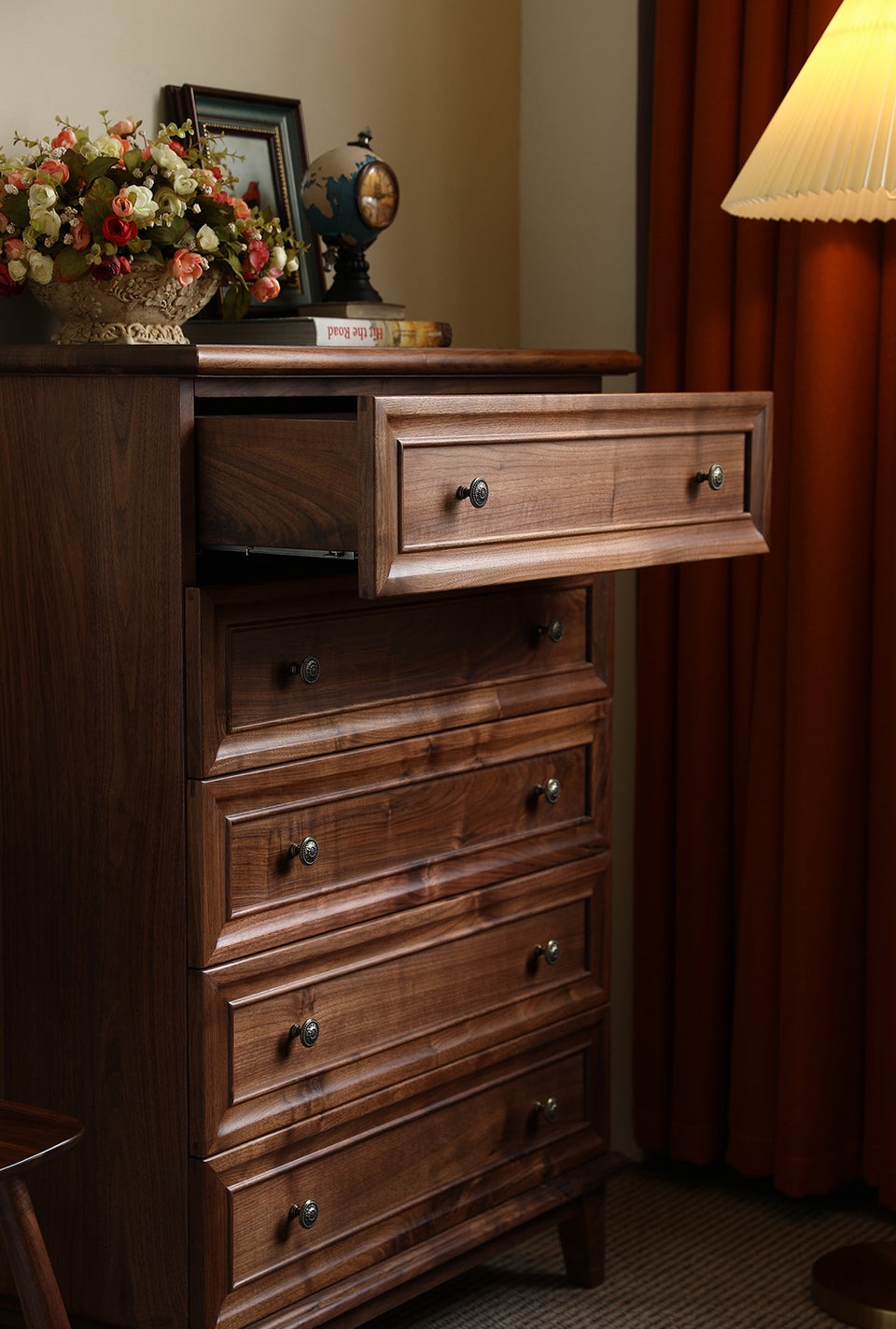 Acacia Wood 5-Drawer Dresser | Tall Chest | Solid Wood Bedroom Furniture | Dark Finish | RIVO HOMES