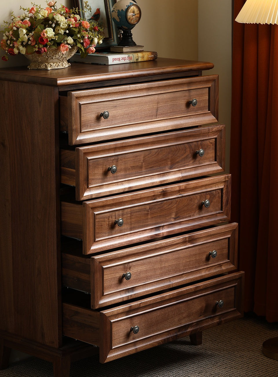 Acacia Wood 5-Drawer Dresser | Tall Chest | Solid Wood Bedroom Furniture | Dark Finish | RIVO HOMES