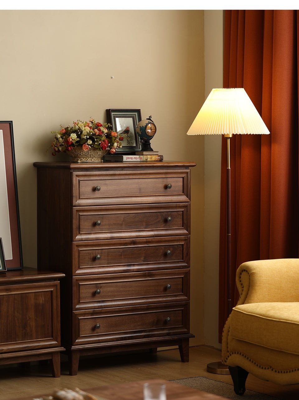 Acacia Wood 5-Drawer Dresser | Tall Chest | Solid Wood Bedroom Furniture | Dark Finish | RIVO HOMES