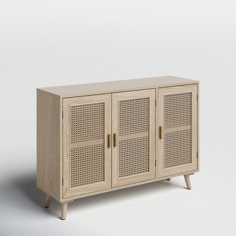 Natural Mango Wood & Rattan 3-Door Console Cabinet | Boho Chic Sideboard | Cane Storage Unit | RIVO HOMES