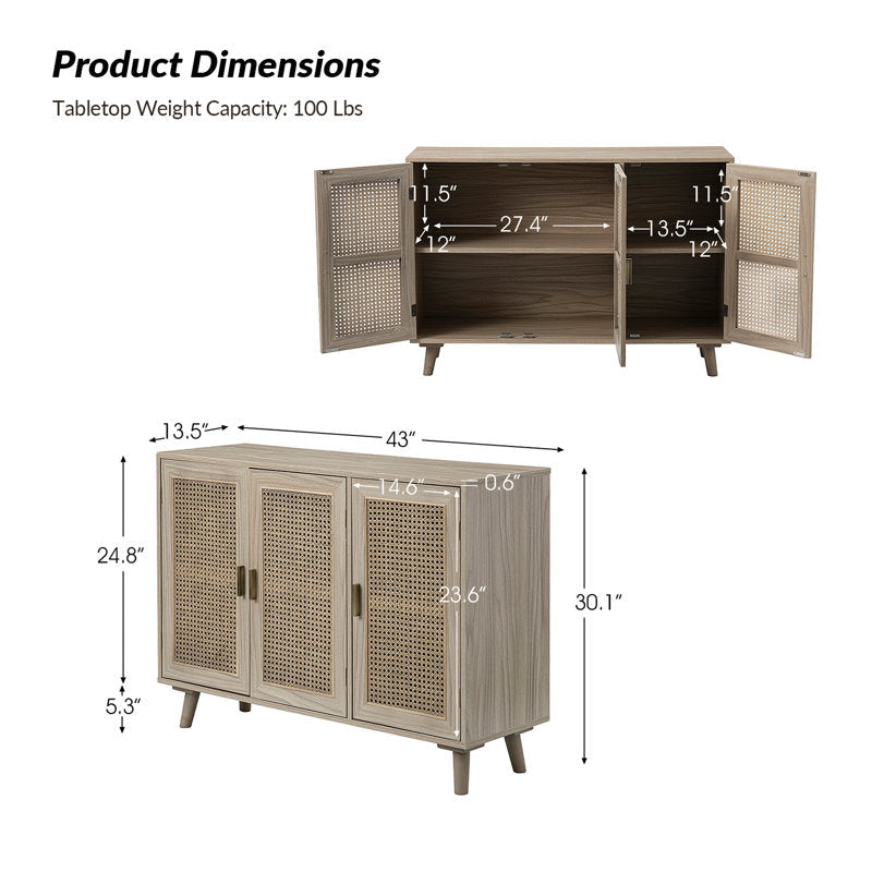 Natural Mango Wood & Rattan 3-Door Console Cabinet | Boho Chic Sideboard | Cane Storage Unit | RIVO HOMES