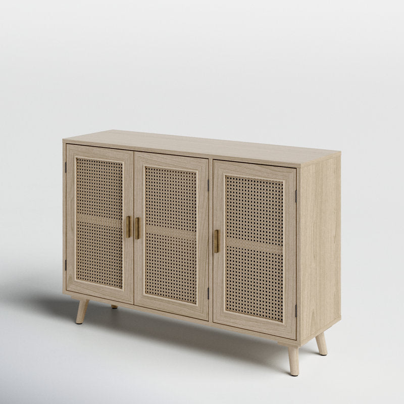 Natural Mango Wood & Rattan 3-Door Console Cabinet | Boho Chic Sideboard | Cane Storage Unit | RIVO HOMES
