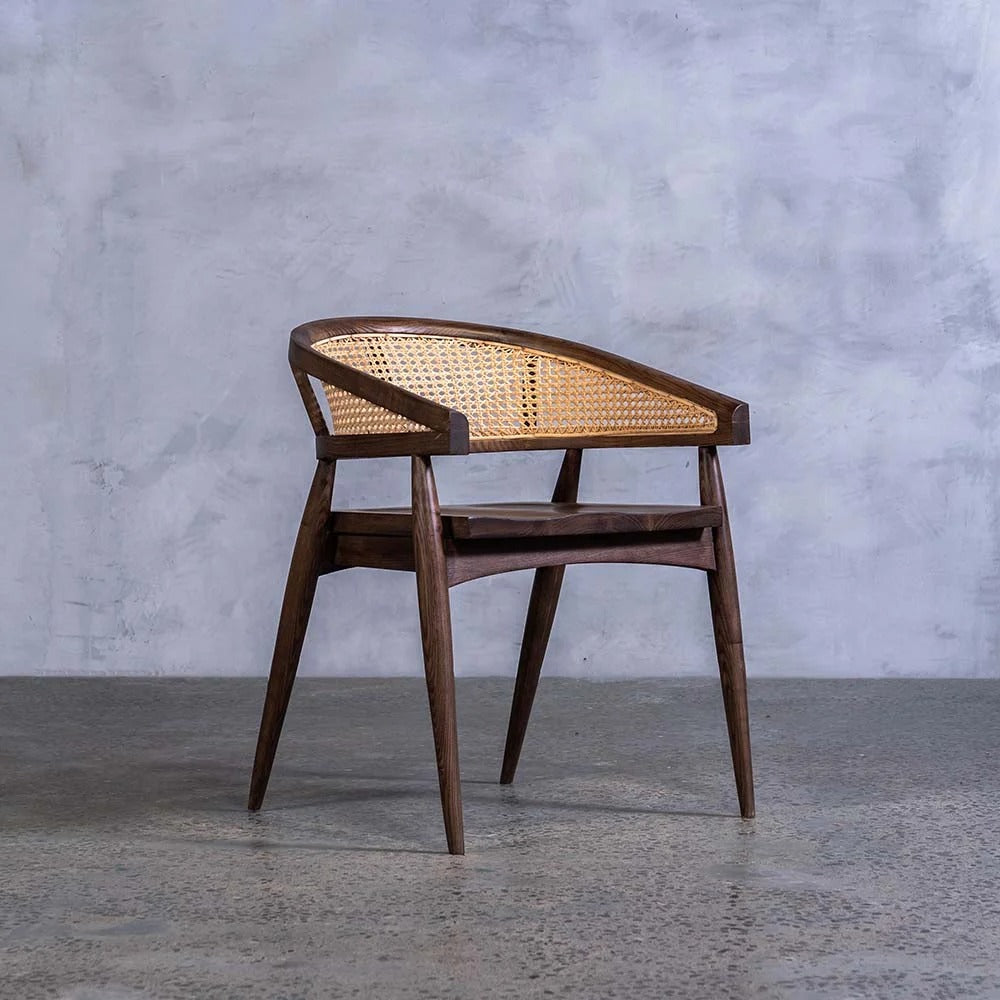 Luna Cane Armchair | Handcrafted Solid Wood Chair with Curved Cane Backrest | Natural Finish | RIVO HOMES