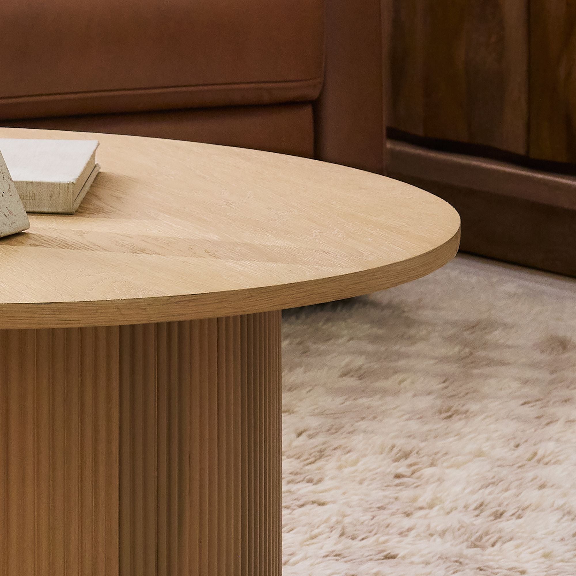 Round Ribbed Solid Wood Coffee Table | Modern Fluted Design | Natural Wood Living Room Centerpiece | RIVO HOMES