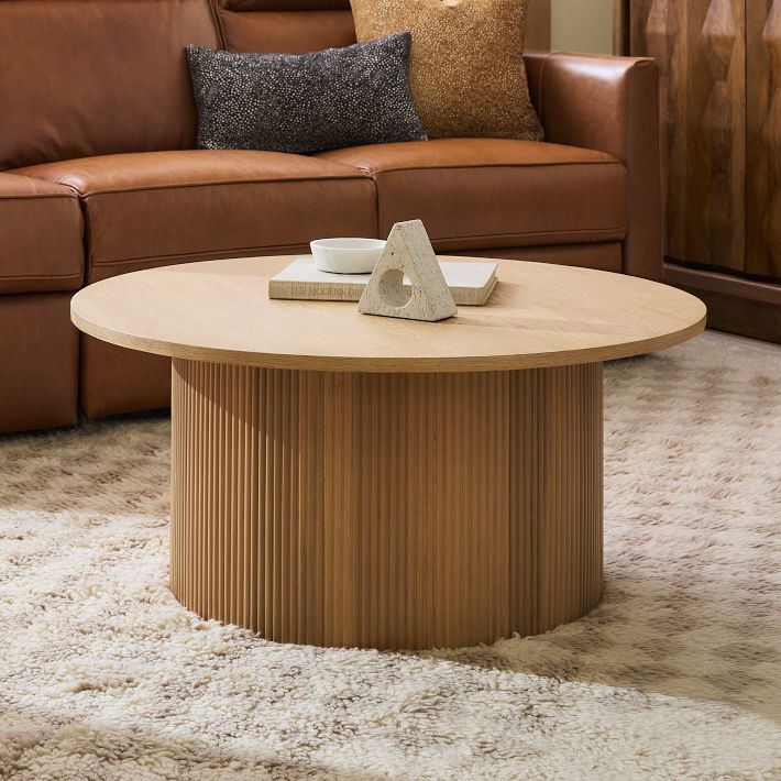 Round Ribbed Solid Wood Coffee Table | Modern Fluted Design | Natural Wood Living Room Centerpiece | RIVO HOMES
