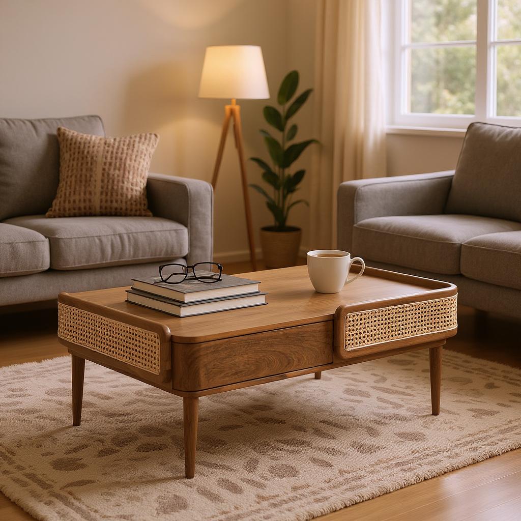 Linea Coffee Table | Handcrafted Mango Wood & Cane Living Room Table | RIVO HOMES