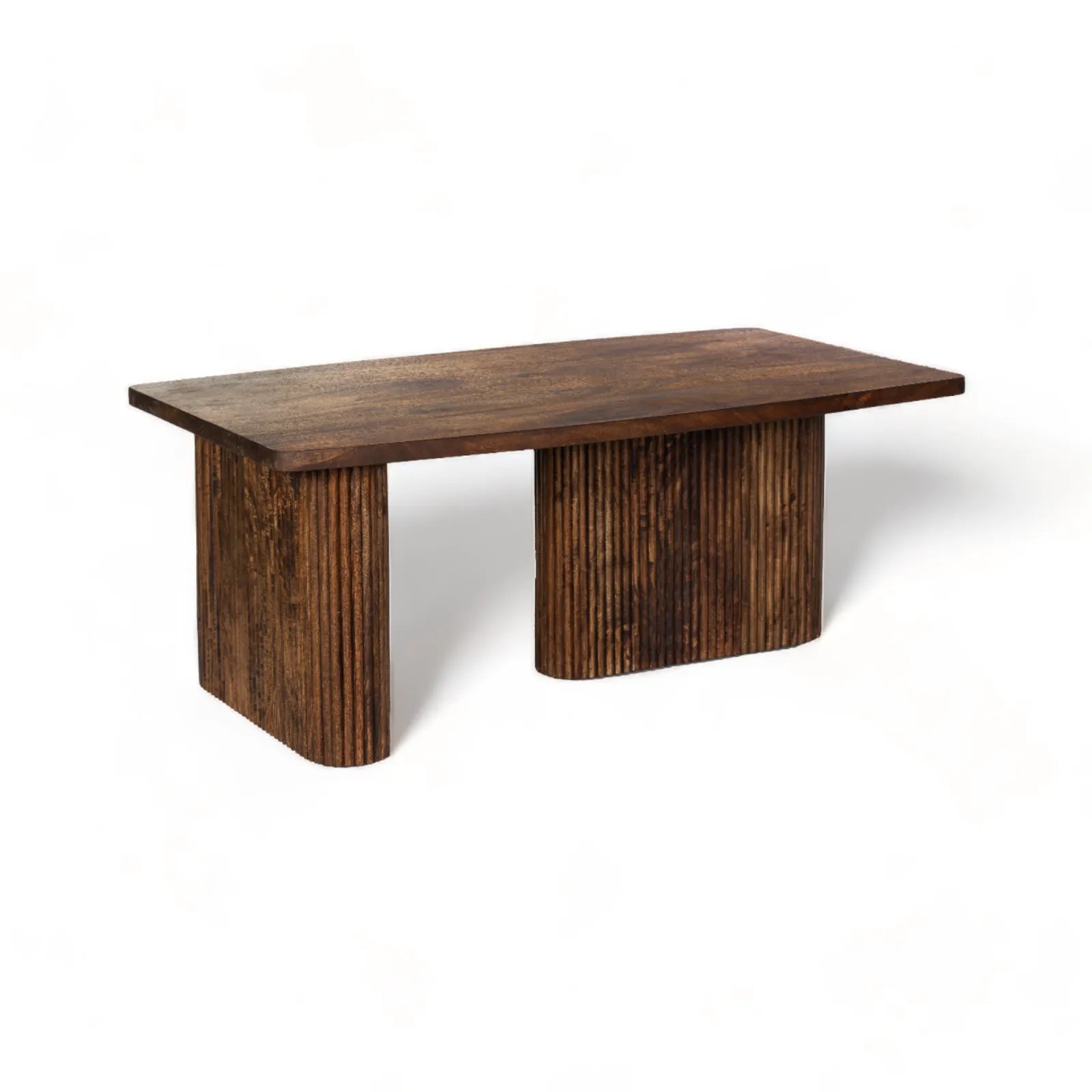 mango wood table, coffee table, rectangular table, tubaq finish table, fluted base table, curved panel table, sculptural table, modern table, mid century table, minimalist table, living room table, statement coffee table, handmade coffee table, artisan made table, premium wood table, quality furniture, durable table, sturdy table, timeless table, elegant table, unique table, sculptural base, focal piece table, handcrafted in india, sustainable mango wood, natural wood grain, tobacco brown finish, warm wood 