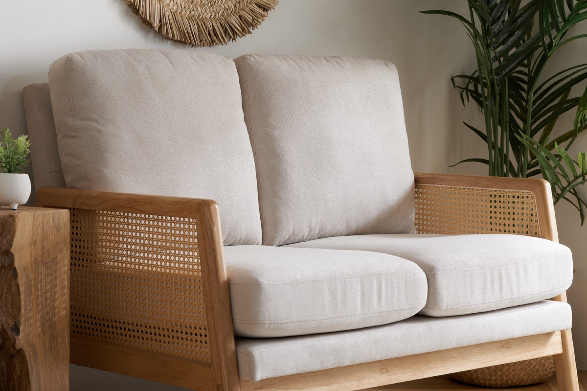 Solid Wood 2 Seater Rattan Loveseat with Cushions | Natural Finish Cane Sofa | Handcrafted Living Room Furniture | RIVO HOMES