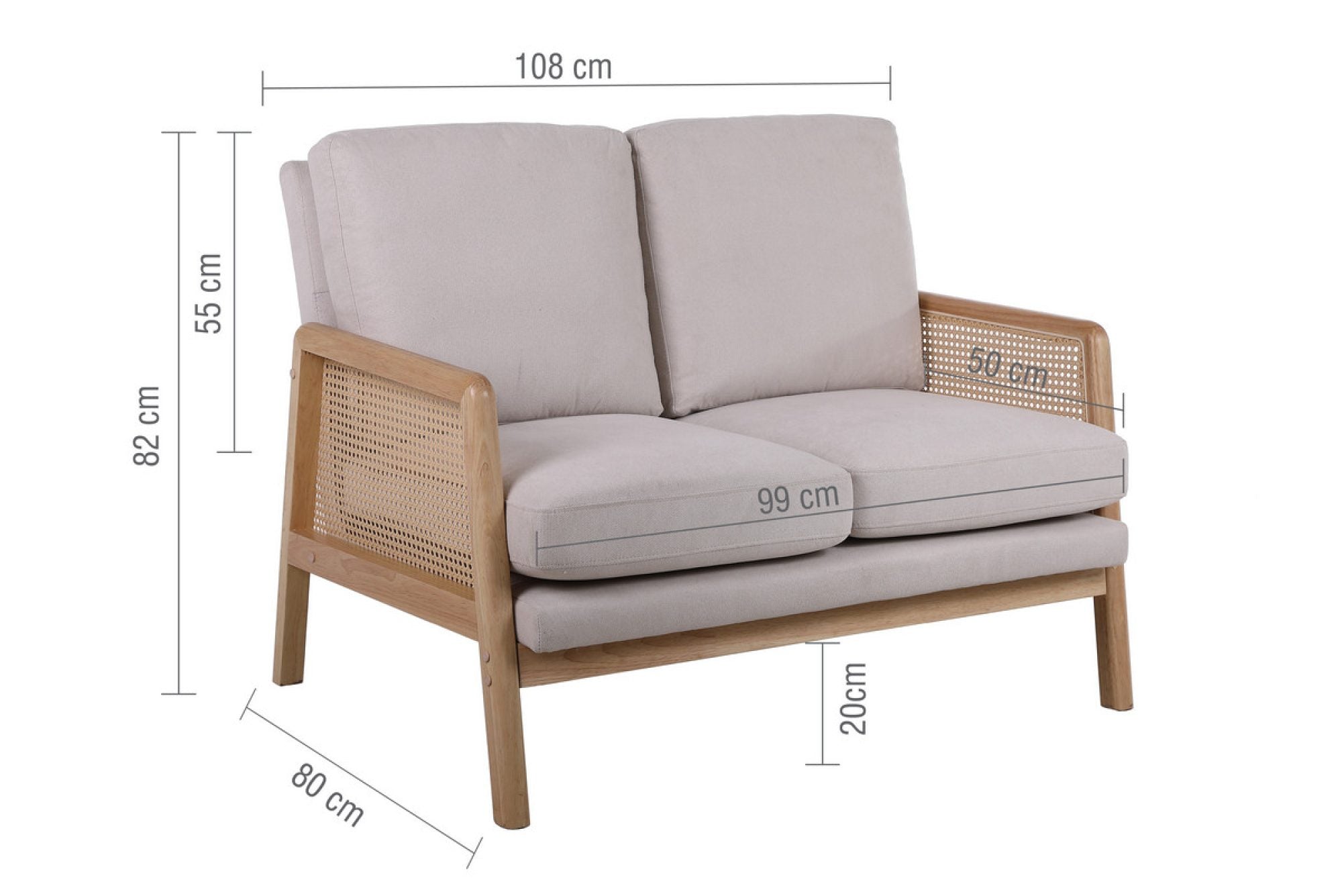 Solid Wood 2 Seater Rattan Loveseat with Cushions | Natural Finish Cane Sofa | Handcrafted Living Room Furniture | RIVO HOMES