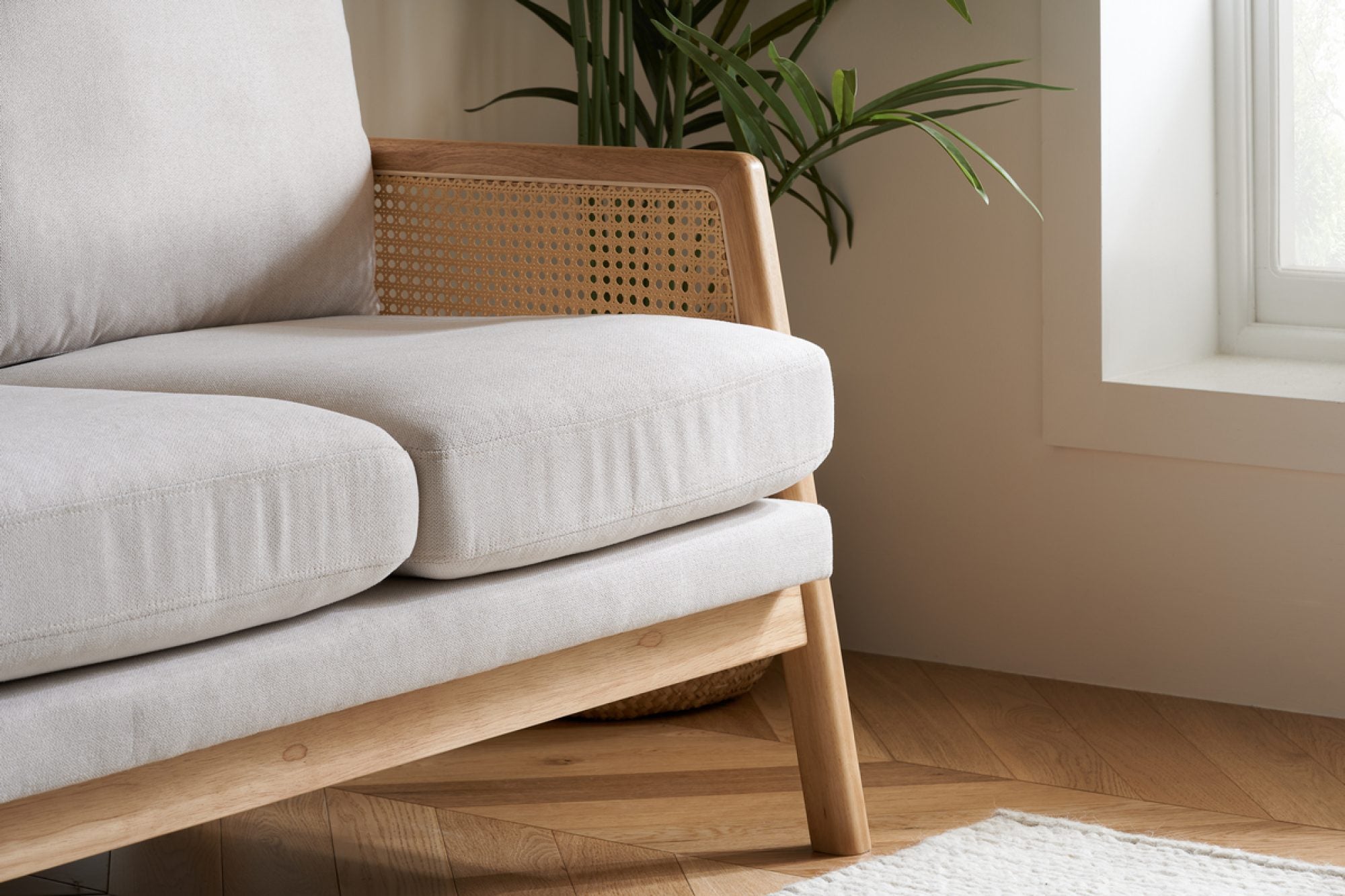 Solid Wood 2 Seater Rattan Loveseat with Cushions | Natural Finish Cane Sofa | Handcrafted Living Room Furniture | RIVO HOMES