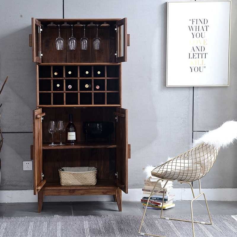 Modern Acacia Wood Display Cabinet | Tall Storage Unit with Glass Doors | Wine Rack & Bar Cabinet | RIVO HOMES