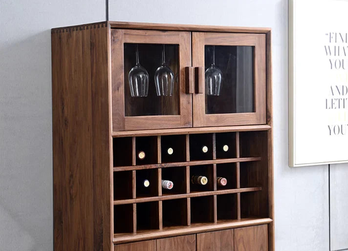 Modern Acacia Wood Display Cabinet | Tall Storage Unit with Glass Doors | Wine Rack & Bar Cabinet | RIVO HOMES