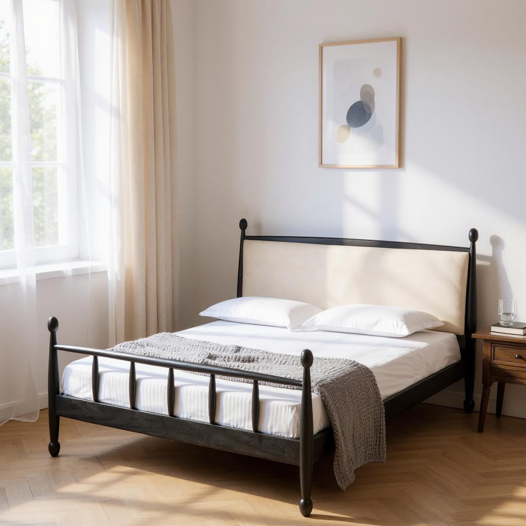 Echelon Spindle Bed | Handcrafted Mango Wood Bed with Upholstered Headboard | King & Queen Sizes | RIVO HOMES