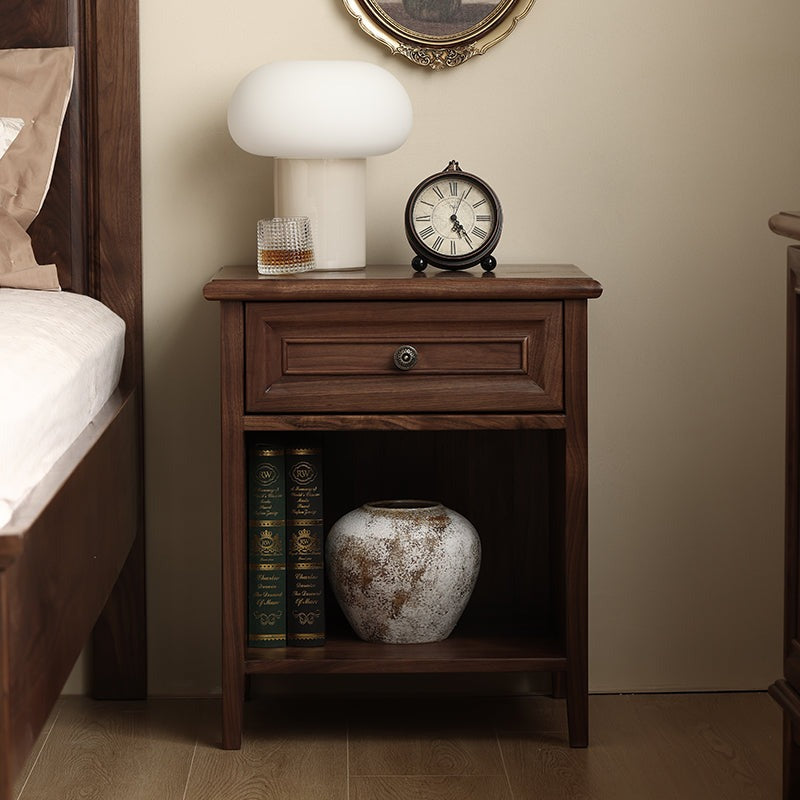Modern Acacia Wood 1-Drawer Nightstand | Bedside Table with Open Shelf | Dark Wood Finish | RIVO HOMES