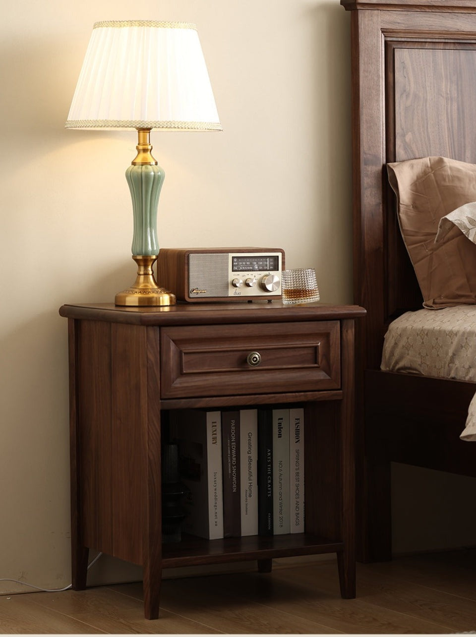 Modern Acacia Wood 1-Drawer Nightstand | Bedside Table with Open Shelf | Dark Wood Finish | RIVO HOMES