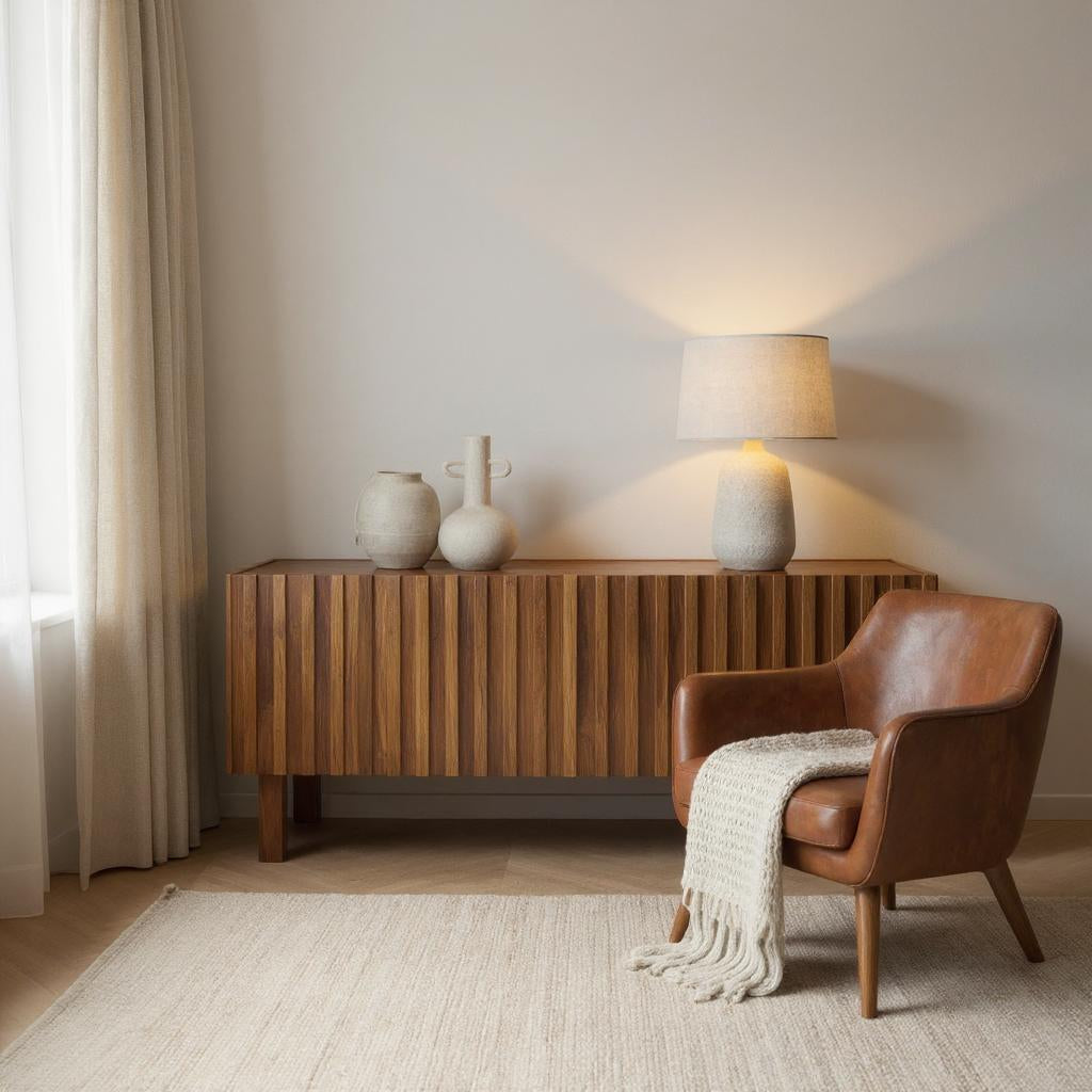 Modern Fluted Mango Wood Living Room Cabinet | Natural Finish Storage Unit | Contemporary Media Console | RIVO HOMES